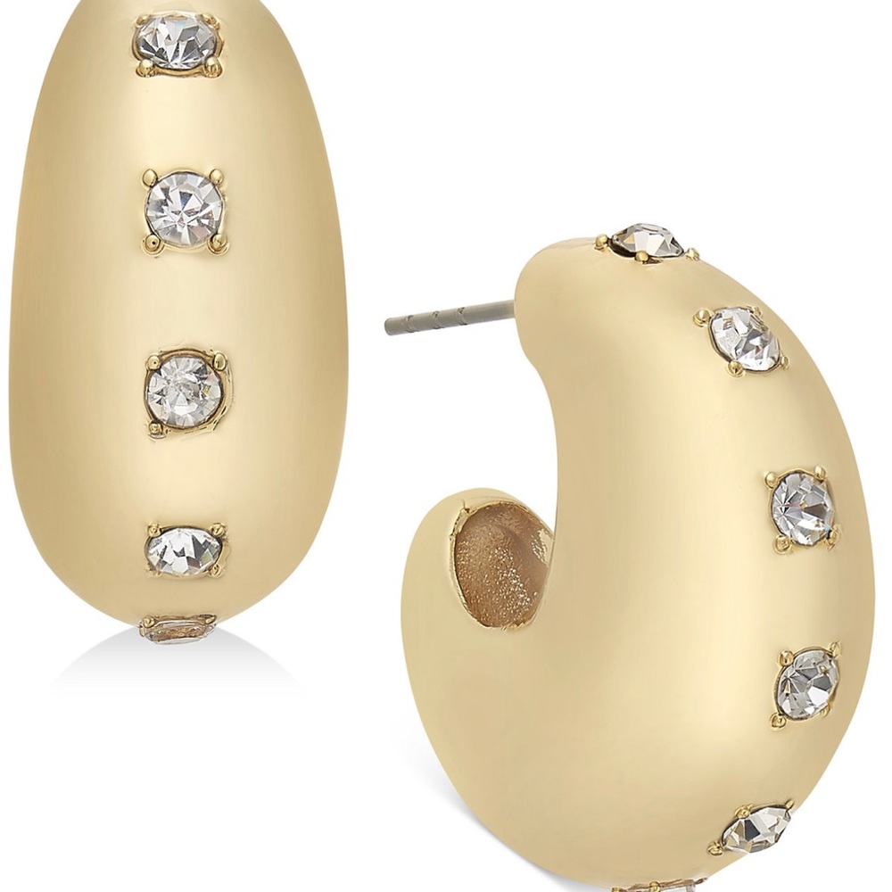 Gold Tone pave Studded puff hoop earrings INC